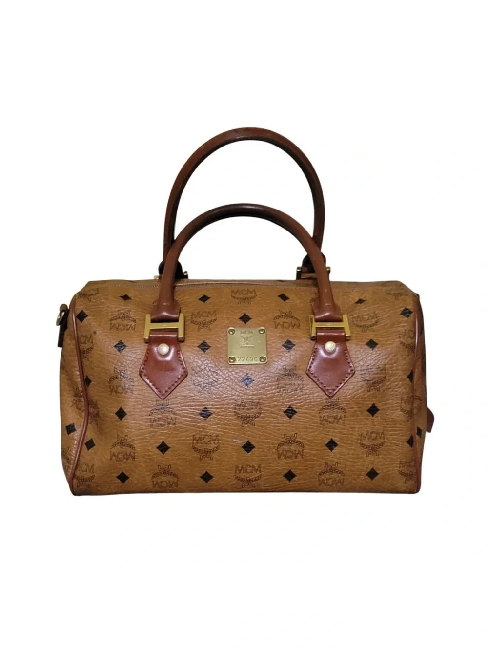 Authentic MCM Vintage Cognac Monogram Leather Visetos Boston Bag